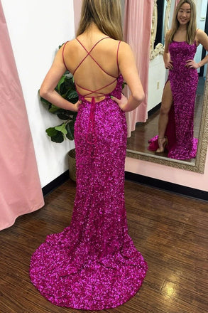 Glitter Purple Sequins Mermaid Spaghetti Straps Long Prom Dresses, Formal Dresses With Slit CHP0105
