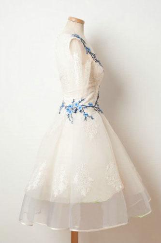 Ivory Half Sleeves A Line Homecoming Dress with Blue Appliques, Knee Length Prom Dress UQ2176