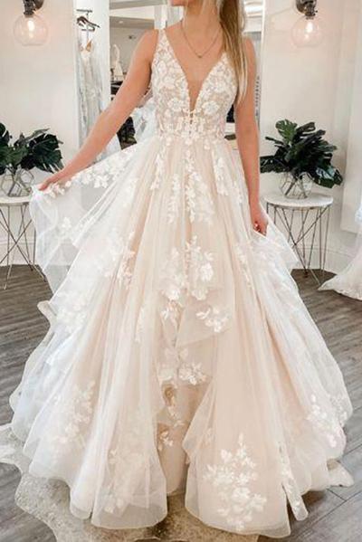 A-Line Lace Wedding Dress With Sweep Train ,Deep V Neck Lace Appliques Bridal Gowns CHW0033