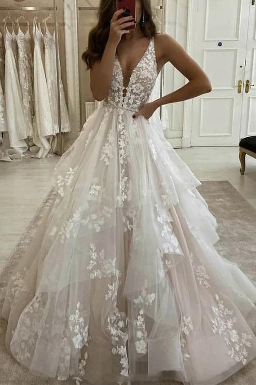 A-Line Lace Wedding Dress With Sweep Train ,Deep V Neck Lace Appliques Bridal Gowns CHW0033