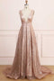 A Line Deep V Neck Long Prom Dress with Sequins, Glitter Sleeveless Evening Dress UQ2271