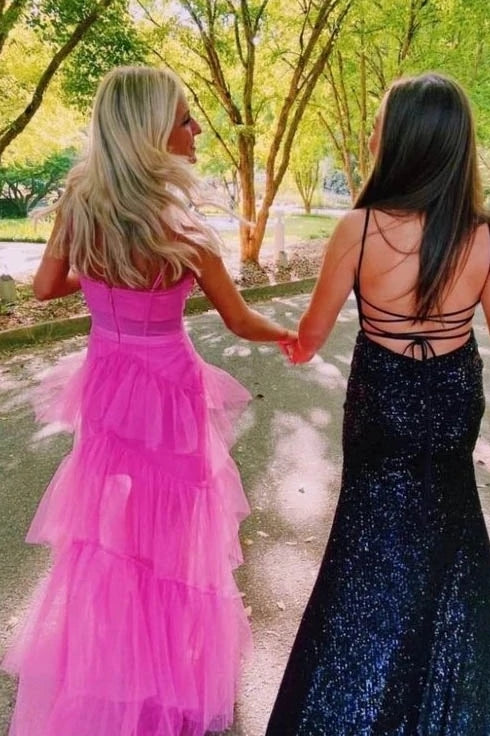 New Style Spaghetti Straps Hot Pink Long Prom Dresses With Ruffles, Evening Party Dresses CHP0071