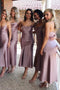 Simple Spaghetti Straps Tea-Length Mermaid Bridesmaid Dresses Prom Dress with Slit chb0016