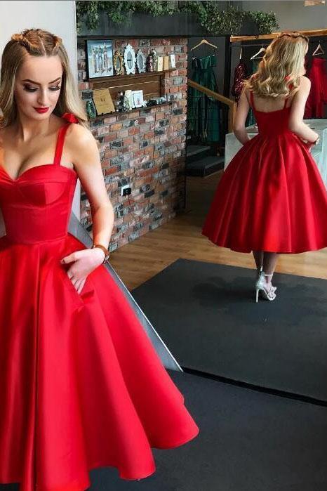 Red Straps Tea Length Satin Homecoming Dresses, A Line Sleeveless Graduation Dresses UQ2173