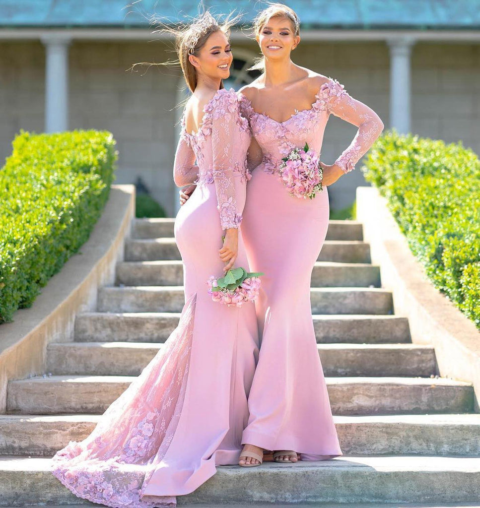 pink mermaid dress with sleeves Illusion Candy Pink Lace Long Sleeve Mermaid Dress