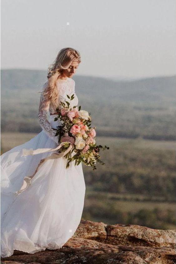 Romantic Two Piece Long Sleeves Wedding Dress with Lace, A Line Ivory Chiffon Bridal Dress UQ2398