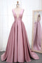 Simple V Neck Sleeveless Long Prom Dress, A Line Ruched Long Evening Dresses UQ2272