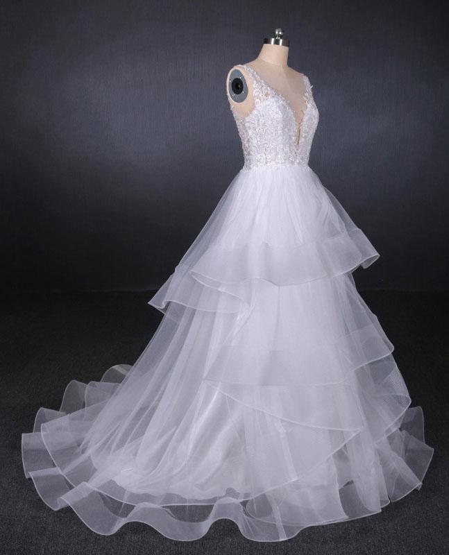 Unique V Neck Sleeveless Tulle Wedding Dresses, Asymmetrical Long Bridal Dresses UQ2290