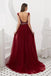 Burgundy V Neck Sleeveless Tulle Long Prom Dress with Beads Crystal UQ2282