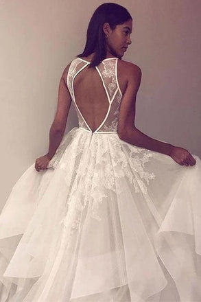 A Line Sleeveless Tulle Prom Dress with Lace Appliques, Cheap Beach Wedding Dress UQ2443