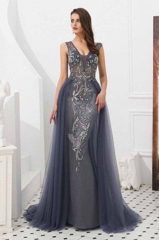 Luxury Gray V Neck Sleeveless Tulle Long Prom Dress with Beads Crystal N2283