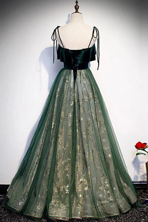 Spaghetti Straps Tulle Lace Green Prom Dress, Floor Length Lace Up Formal Dress UQ2446