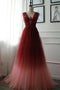 A Line V Neck Tulle Ombre Prom Dress, Cheap Appliqued Party Dresses UQ2447