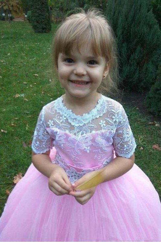 Ball Gown Cute Short Sleeves Long Flower Girl Dress, Lace Appliques Bo – cherishgirls Ball Gown Cute Short Sleeves Long Flower Girl Dress, Lace Appliques Bo – cherishgirls