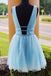 Shiny Beading Sky Blue Homecoming Dress with Sequins, Deep V Neck Graduation Dress UQ1927