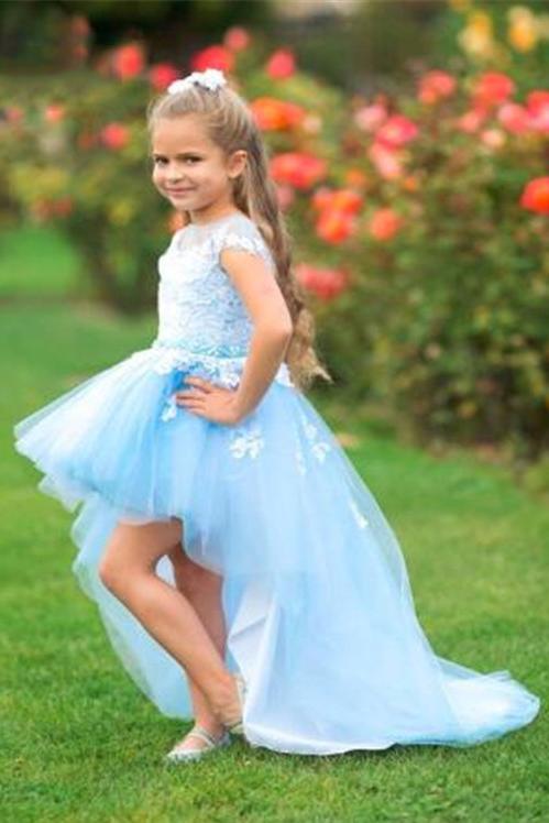 Light Sky Blue Cap Sleeves Flower Girl Dress with Lace Appliques, High Low Flower Girl Dress UF059