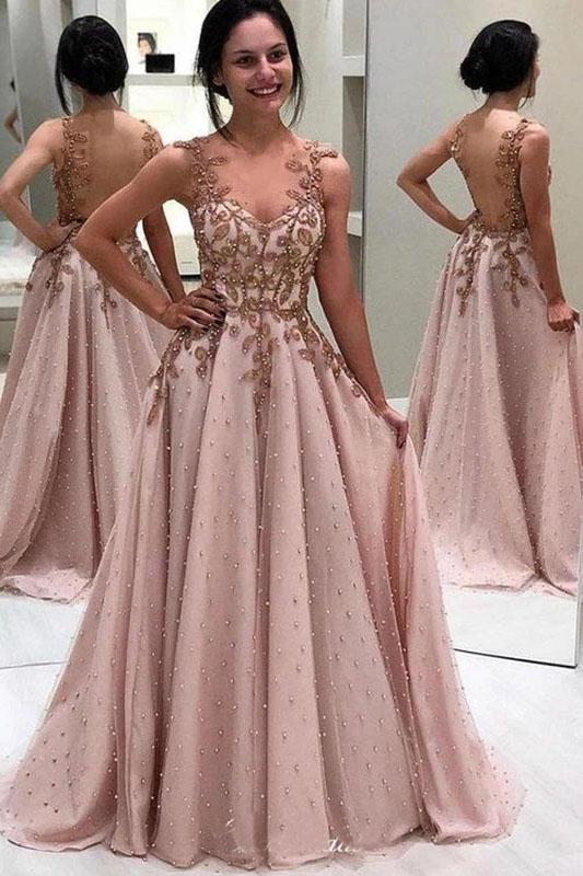 Luxury Beaded Long Prom Dresses, A-line Popular Appliqued See Through Evening Dresses UQ2412