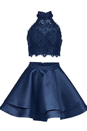 Two Piece Navy Blue High Neck Homecoming Dress with Lace, A Line Satin cherishgirls Two Piece Navy Blue High Neck Homecoming Dress with Lace, A Line Satin cherishgirls