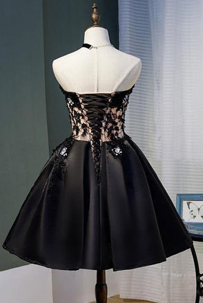 Black Strapless Satin Homecoming Dress with Lace, Cheap Graduation Dress with Crystals UQ1980