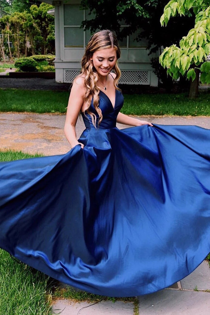 satin blue prom dress Royal Blue Simple V Neck Satin Prom Dress, A Line Spaghetti Straps Lon – cherishgirls