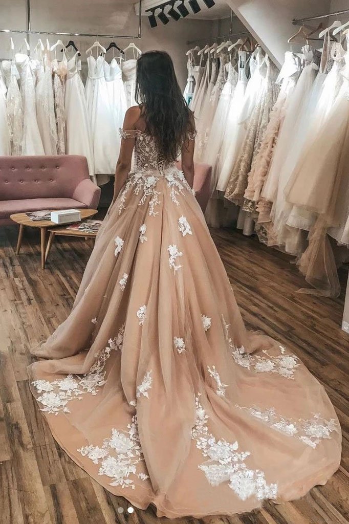 Gorgeous Off the Shoulder Tulle Lace Appliques Wedding Dress, Puffy Bridal Dresses UQ2399