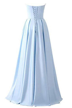 Royal Blue Strapless Bridesmaid Dress with Pockets, A Line Satin Prom Dress with Beads UQ1854