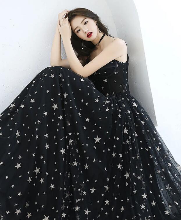 Black Spaghetti Straps Tulle Prom Dress with Stars, Floor Length Long Evening Dress UQ2580