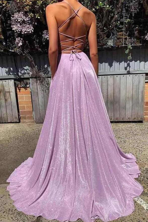 Lilac Deep V Neck Long Prom Dresses, A Line New Shiny Evening Dresses chp0008