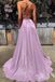 Lilac Deep V Neck Long Prom Dresses, A Line New Shiny Evening Dresses chp0008