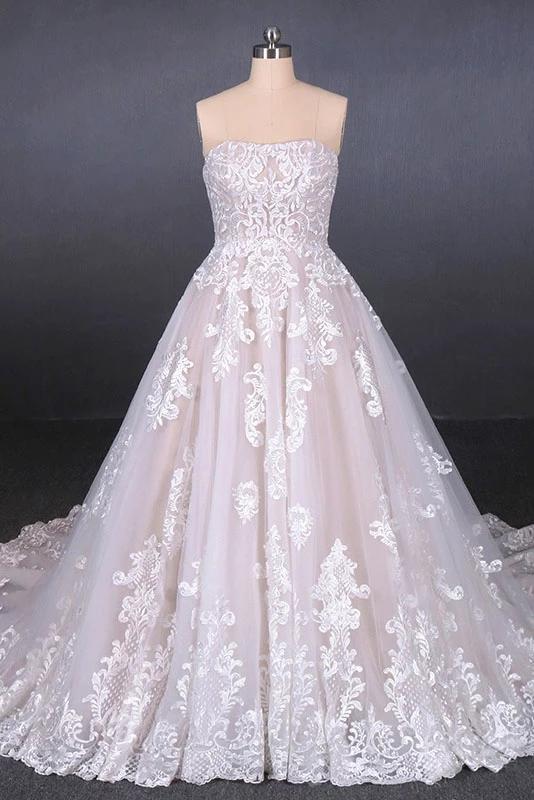 Puffy Strapless Tulle Wedding Dress with Lace Appliques, Long Train Lace Up Bridal Dress N2300