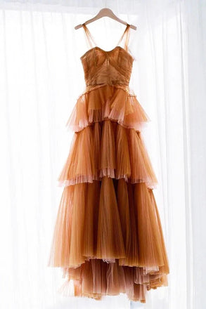 Orange Off The Shoulder Tulle Tiered Long Prom Dress, A Line Evening Gown CHP0220