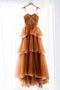 Orange Off The Shoulder Tulle Tiered Long Prom Dress, A Line Evening Gown CHP0220