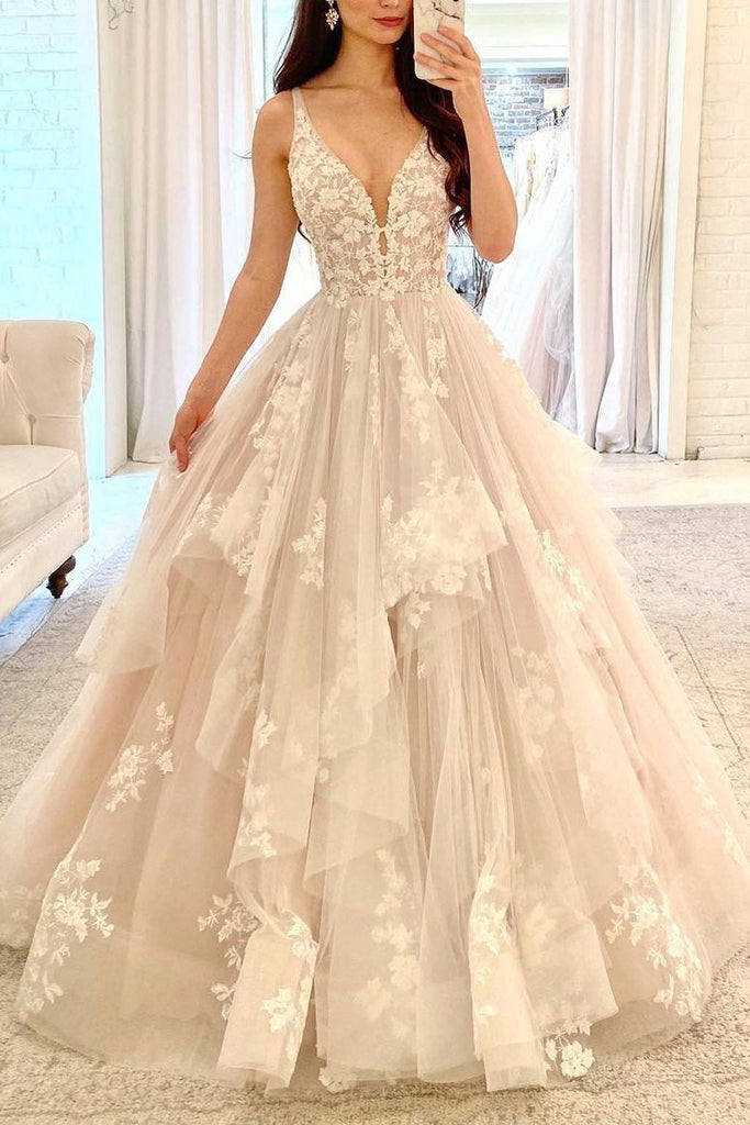 A-Line Lace Wedding Dress With Sweep Train ,Deep V Neck Lace Appliques Bridal Gowns CHW0033