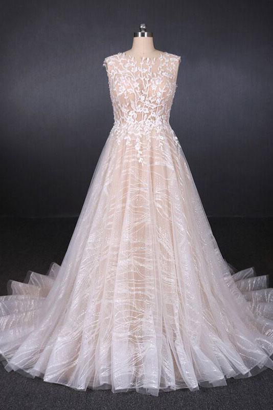 Champagne Puffy Sleeveless Lace Wedding Dresses, Elegant A Line Backless Bridal Dresses N2296