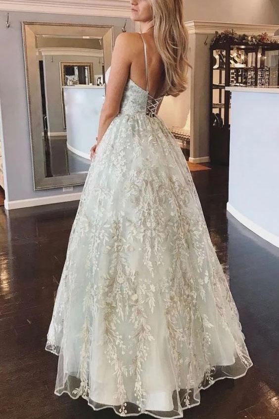 Floor Length Spaghetti Straps Backless Beach Wedding Dress With Appliques UQ2416