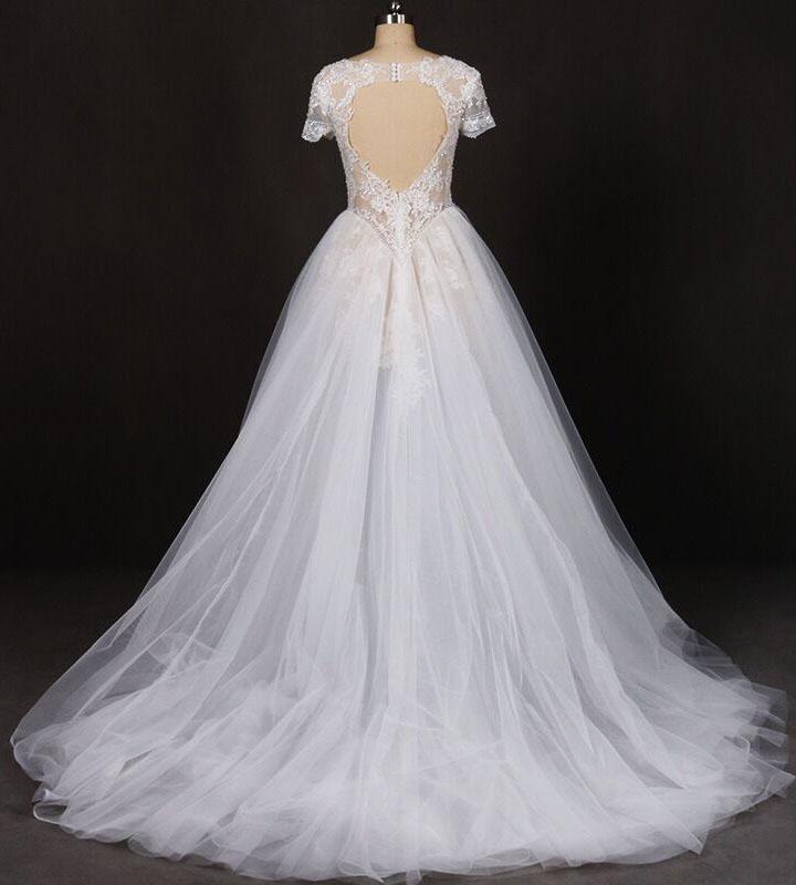 Puffy Short Sleeves Tulle Bridal Dress with Lace Appliques, Long Train Wedding Dress UQ2294