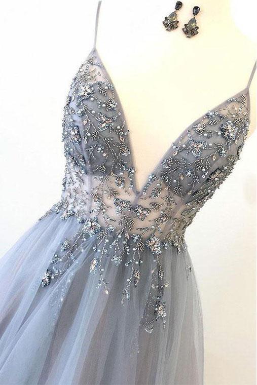 Spaghetti Straps V Neck Tulle Prom Dress with Appliques, A Line Long Formal Dress with Beads UQ2471
