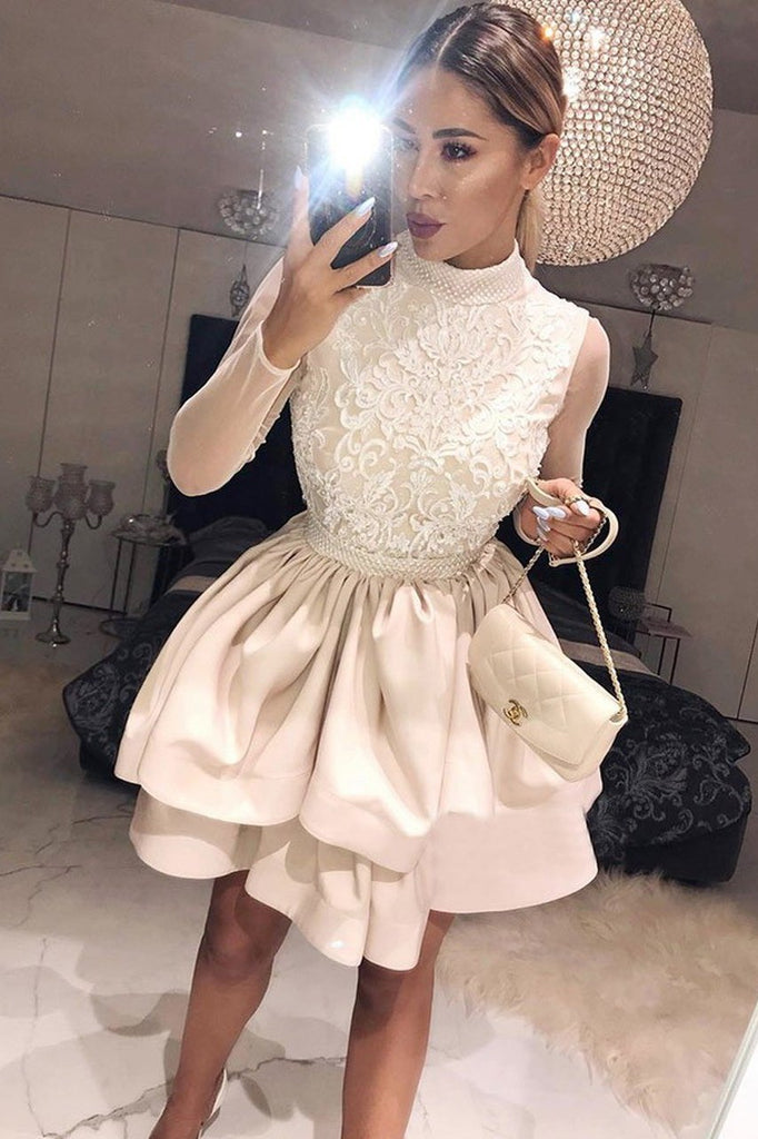 A Line High Neck Two Tiers Appliques Long Sleeves Short Homecoming Dress UQ1937