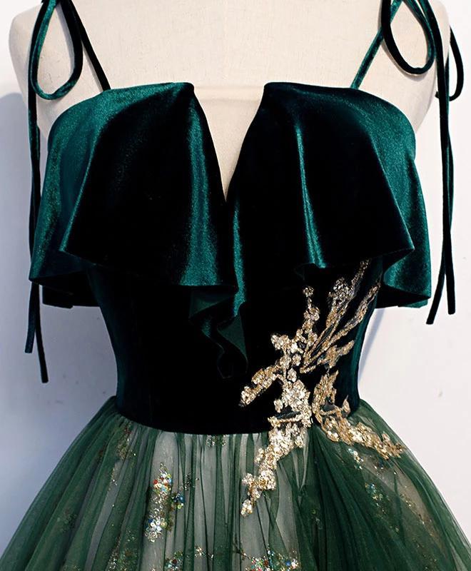 Spaghetti Straps Tulle Lace Green Prom Dress, Floor Length Lace Up Formal Dress UQ2446