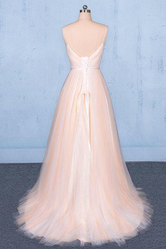 Peach V Neck Sleeveless Tulle A Line Prom Dresses, Straps Tulle Evening Dress UQ2329