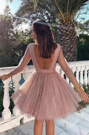 Pink Long Sleeve Sequin Short Homecoming Dresses Backless Prom Formal Dress UQ1954