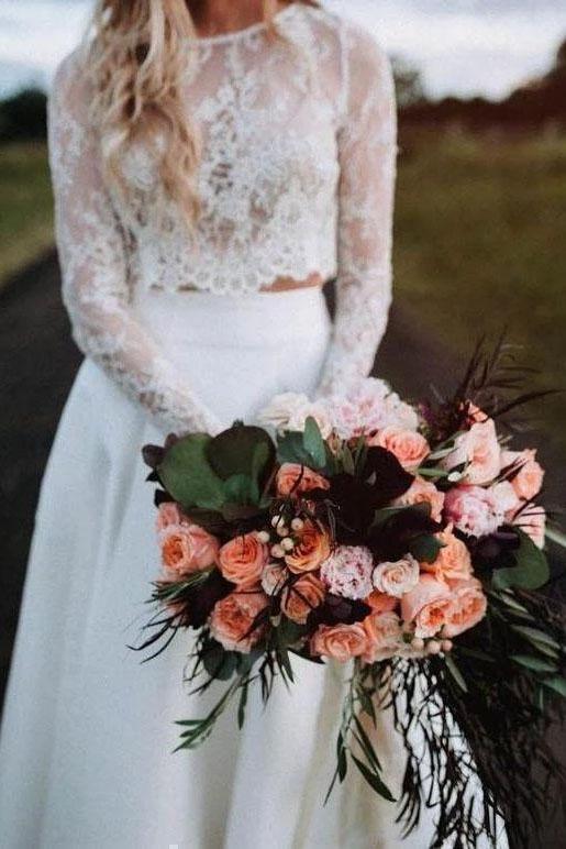 Romantic Two Piece Long Sleeves Wedding Dress with Lace, A Line Ivory Chiffon Bridal Dress UQ2398