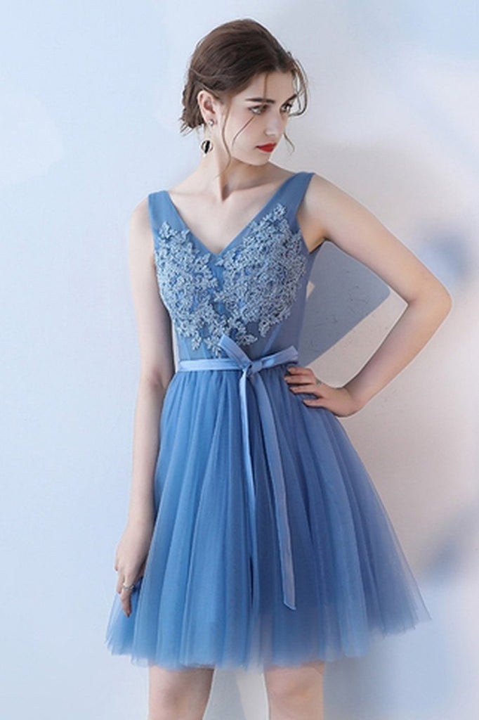 Cute Blue V Neck Sleeveless Tulle Homecoming Dress with Lace Appliques Belt UQ1939