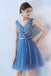 Cute Blue V Neck Sleeveless Tulle Homecoming Dress with Lace Appliques Belt UQ1939