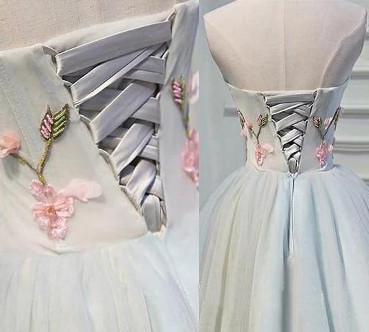 Strapless Homecoming Dress Flower Applique Short Tulle Graduation Dress UQ1945