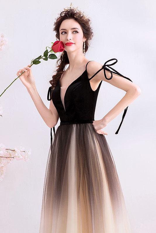 Black Deep V Neck Sleeveless Floor Length Tulle Ombre Prom Dress UQ2313