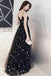 Black Spaghetti Straps Tulle Prom Dress with Stars, Floor Length Long Evening Dress UQ2580