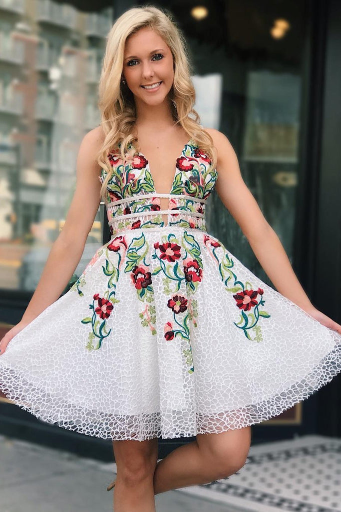 White Deep V Neck Lace Homecoming Dress with Appliques, Cute Short Pro cherishgirls White Deep V Neck Lace Homecoming Dress with Appliques, Cute Short Pro cherishgirls