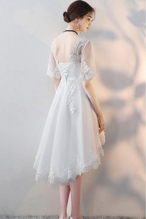 White Lace Short Party Dress High Low Tulle Homecoming Dress with Half Sleeves UQ1909