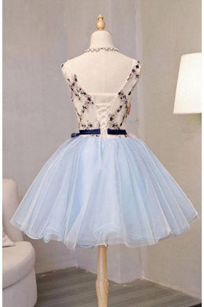 Vintage Light Blue Flower Short Princess Homecoming Dress Party Dresses, Mini Dress UQ2178